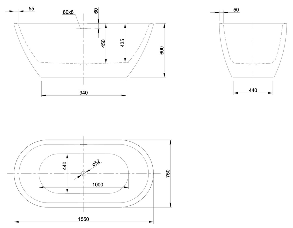 Ванна отдельностоящая STAR MINI, 155х75, слив-перелив Click-Clack тип O, белая/белая, BT-STMI15575FO-BNBN