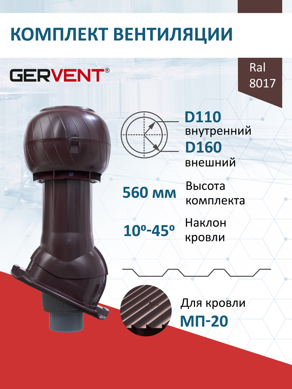 Готовый комплект изолированный серия Static (колпак): PROF-20, Ø 110/160 мм, Gervent