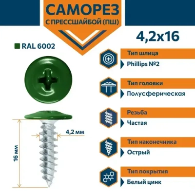 Саморез Rizzel ПШ с прессшайбой острый 4,2х16 RAL 6002 (1000 шт)