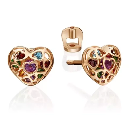 Серьги-пусеты «Сердца» из красного золота c аметистами, хромдиопсидами, гранатами, цитрином и топазом