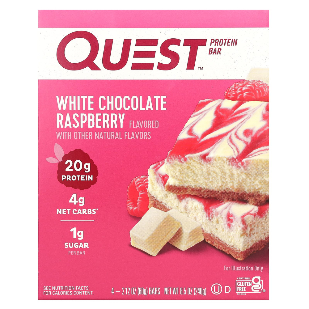 Quest Nutrition, протеиновый батончик, белый шоколад и малина, 4 шт. по 60 г (2,12 унции)