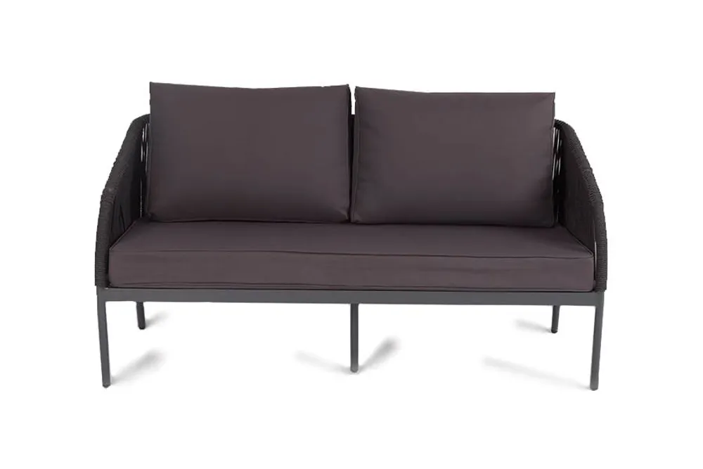 "Канны" диван 2-местный плетеный из роупа, каркас алюминий темно-серый (RAL7024) матовый, роуп темно-серый круглый, ткань интерьерная