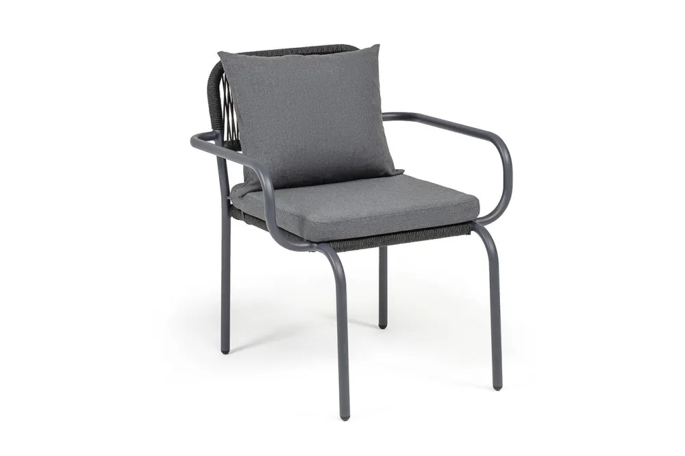 "Нуар" стул плетеный из роупа, каркас алюминий темно-серый (RAL7024) муар, роуп темно-серый круглый, ткань темно-серая 027