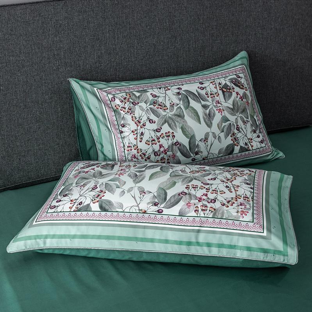 Постельное белье ЕВРО (двуспалка) Египедский Хлопок Зеленый лепестки