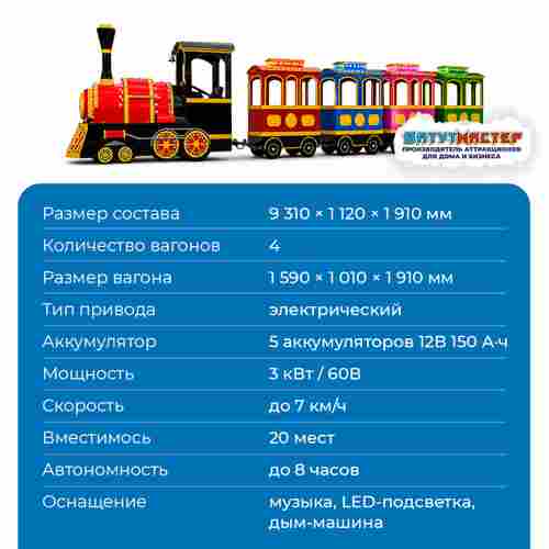 Аттракцион паровозик «Яркий Маршрут», 4 вагона, 20 мест