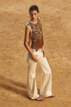 ZARA ТОП С ВЫШИВКОЙ И БАХРОМОЙ, ЦВЕТ ВЕРБЛЮЖЬЕЙ ШЕРСТИ