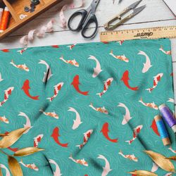 Ткань бифлекс японские карпы на голубом фоне