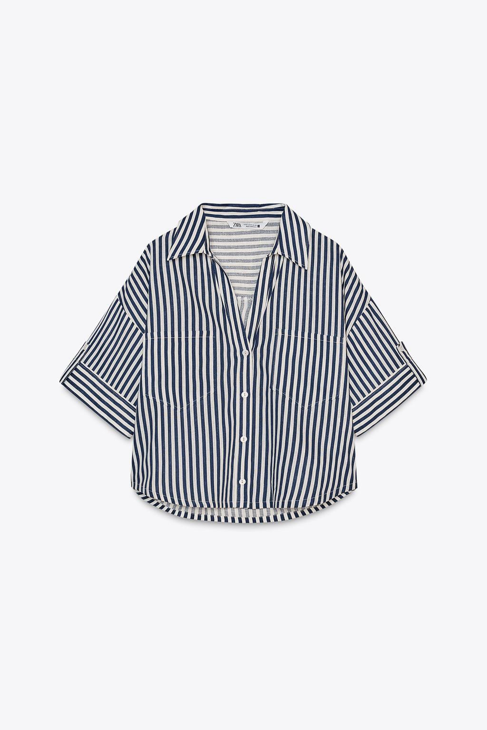 ZARA УКОРОЧЕННАЯ РУБАШКА ИЗ СМЕСОВОГО ЛЬНА, СИНИЙ/БЕЛЫЙ