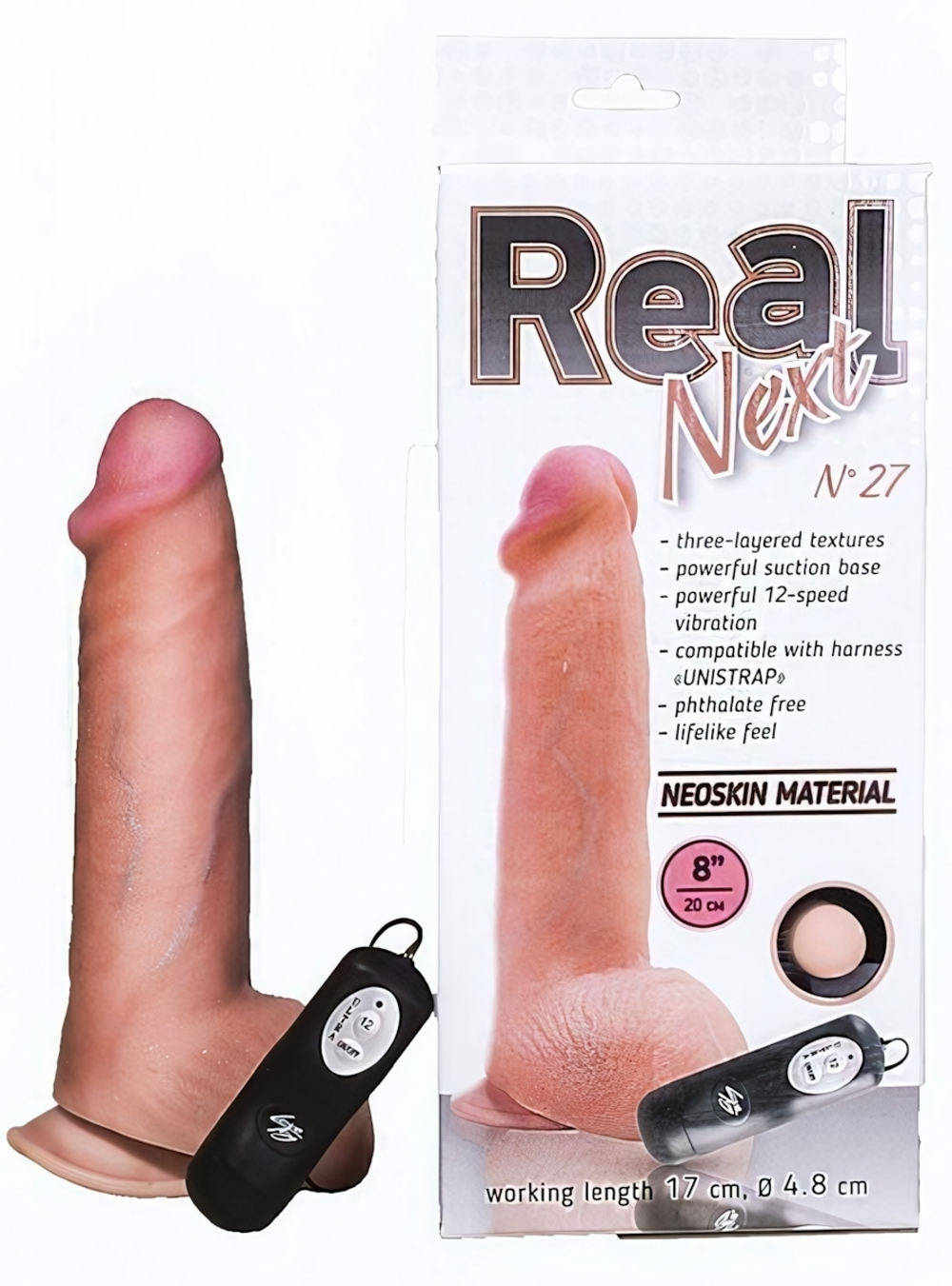 Реалистичный вибратор Real Next 8''№ 27 , вторая кожа, 12 режимов (20,5 см , телесный) (Цвет: телесный)
