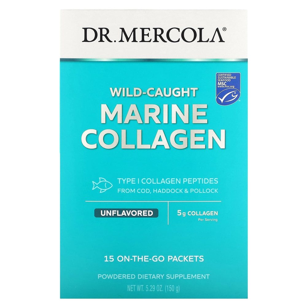 Dr. Mercola, Морской коллаген дикого вылова, без ароматизаторов, 15 пакетиков по 10 г (0,35 унции)