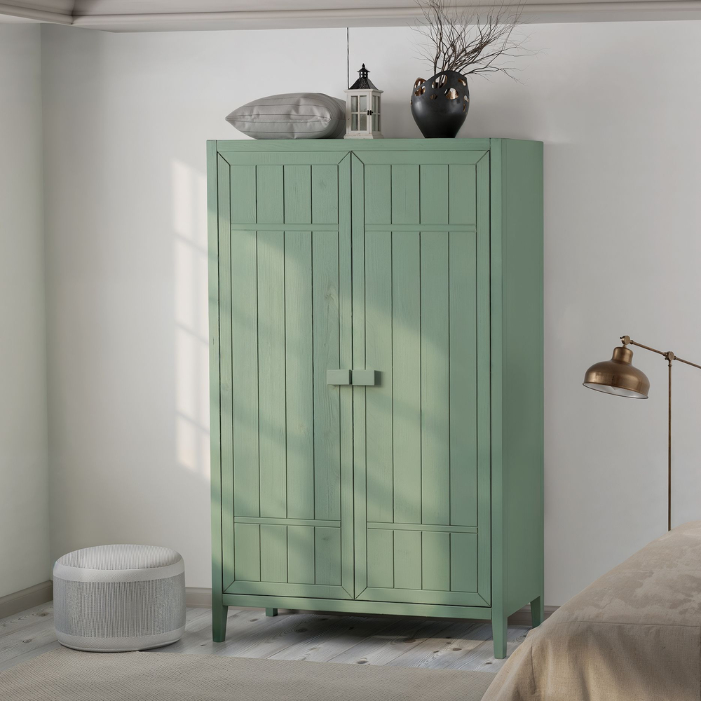 Шкаф 105х50х173, Карлос, распашной для одежды, двухдверный, со штангой и полками, зеленый эвкалипт, массив сосны, Dipriz