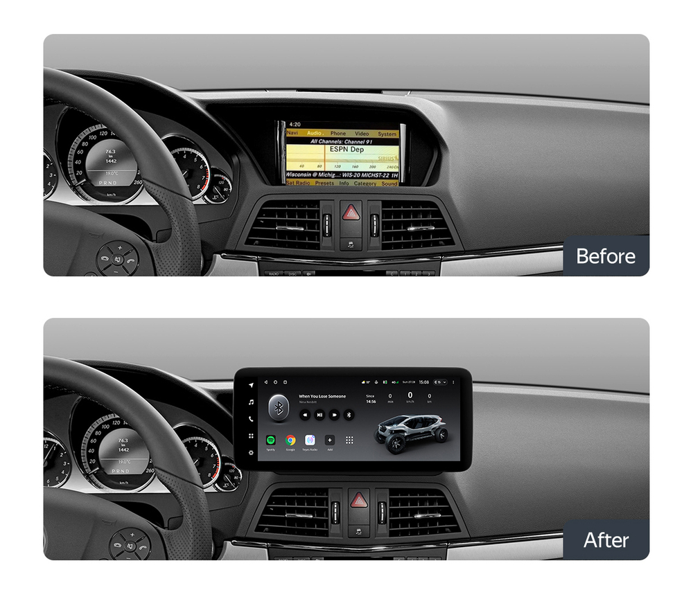 Магнитола Mercedes-Benz E C207 купэ левый руль 2009-2012 NTG 4.0 - Teyes LUX ONE монитор 12.3", Android 10, 6+128Гб, CarPlay, 4G SIM-слот