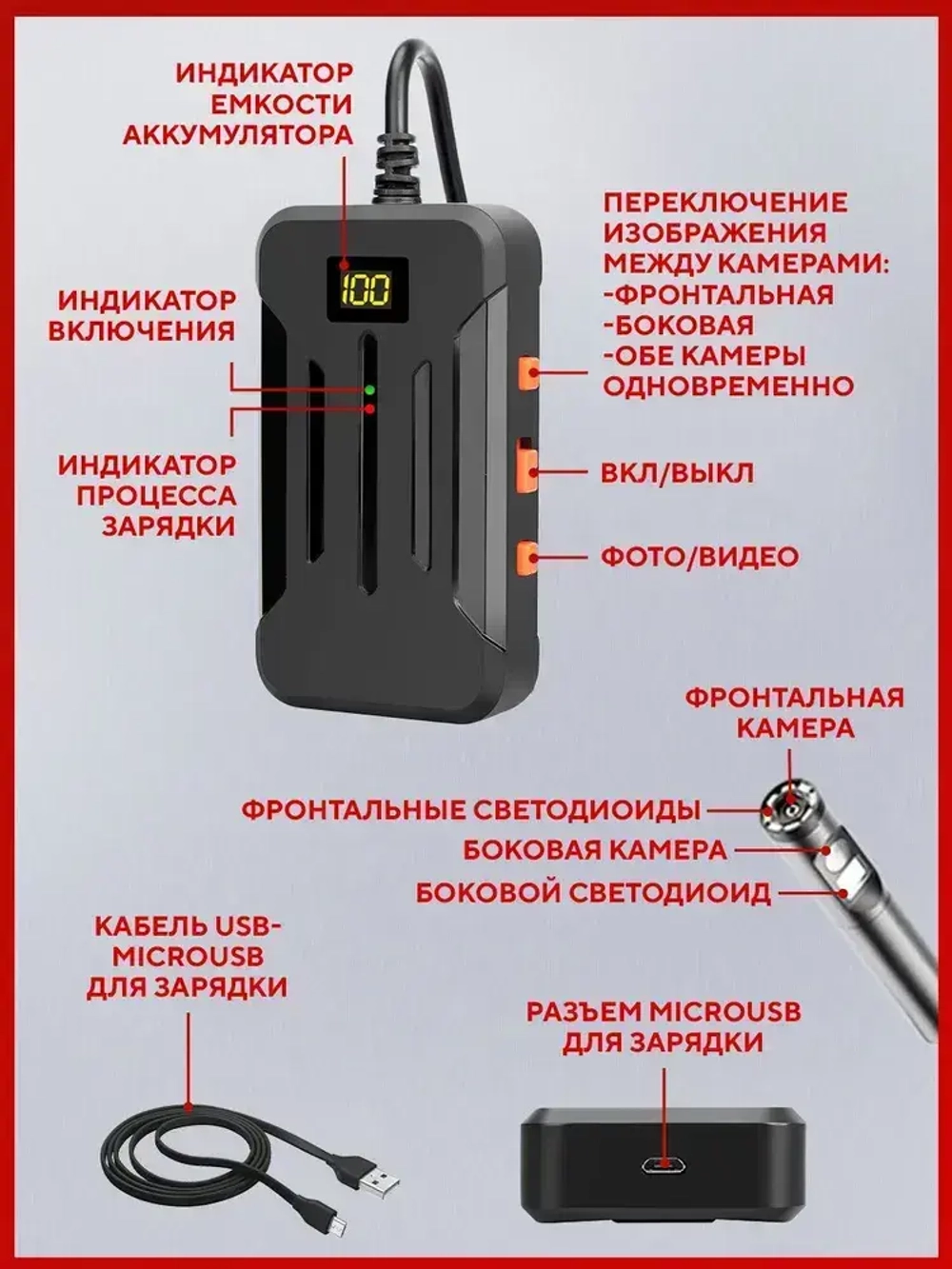 Беспроводной эндоскоп с двумя камерами, HD 1080p, 8 мм диаметр, влагозащитный, запись видео, совместим с iPhone и Android
