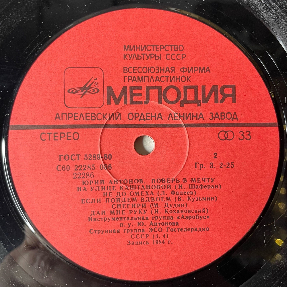 Винтажная виниловая пластинка LP Юрий Антонов Поверь В Мечту (СССР 1985)