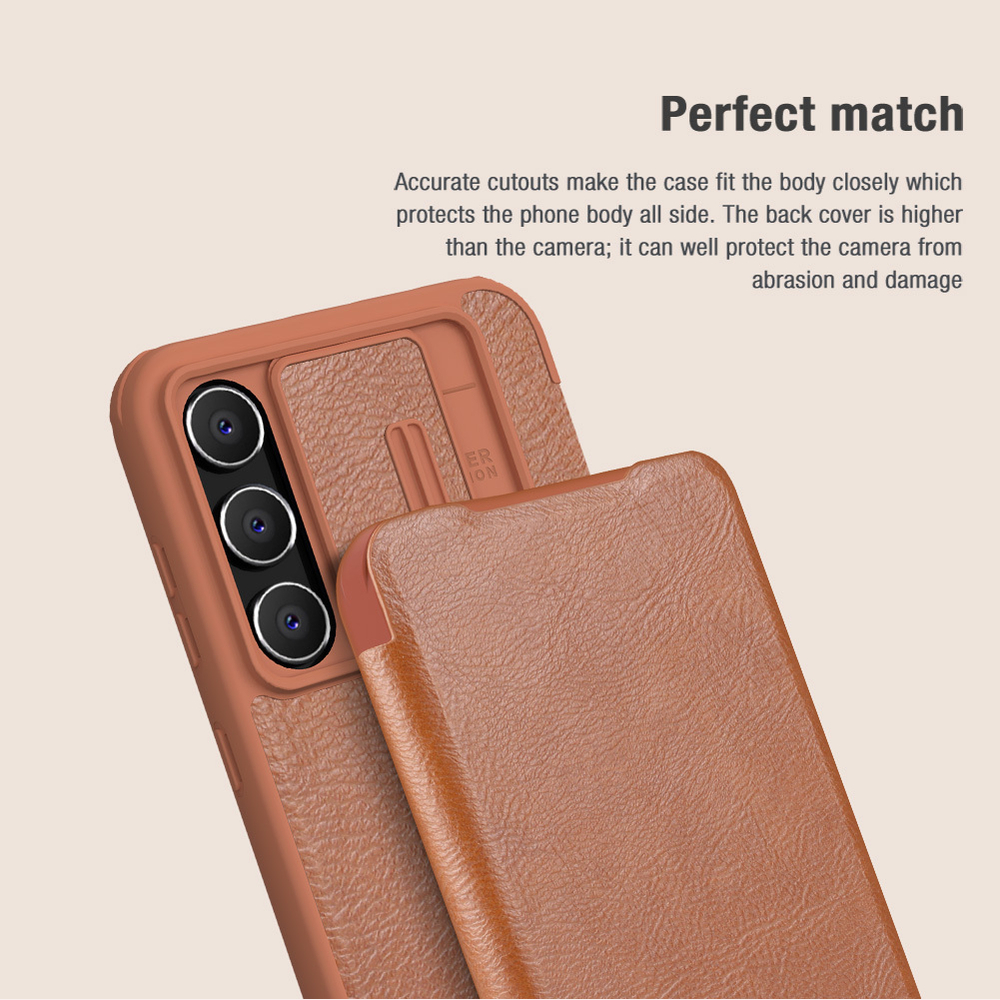 Кожаный чехол книжка коричневого цвета от Nillkin для Samsung Galaxy S23 FE, серия Qin Pro Leather с защитной шторкой для камеры