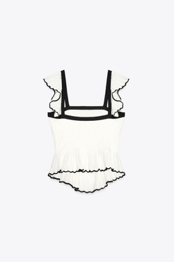 ZARA ТОП С КОНТРАСТНЫМИ ВОЛАНАМИ, БЕЛЫЙ/ЧЕРНЫЙ