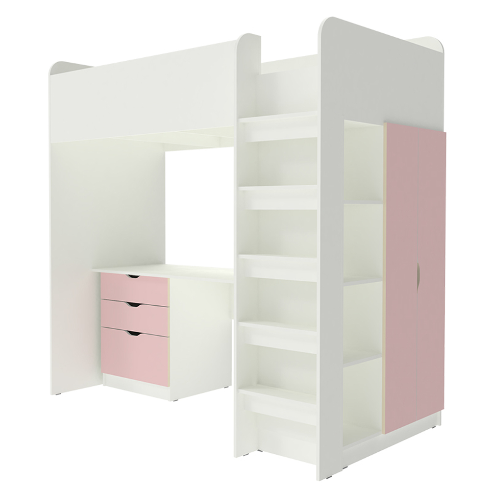 Кровать-чердак КарИВи Polini Simple с письменным столом и Шкаф КарИВиом Белый  Розовый