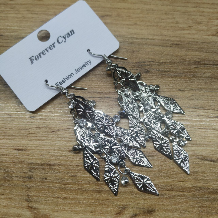 Серьги Шелест 9 ромбиков узор сияние подвески стразинки металл серебристый