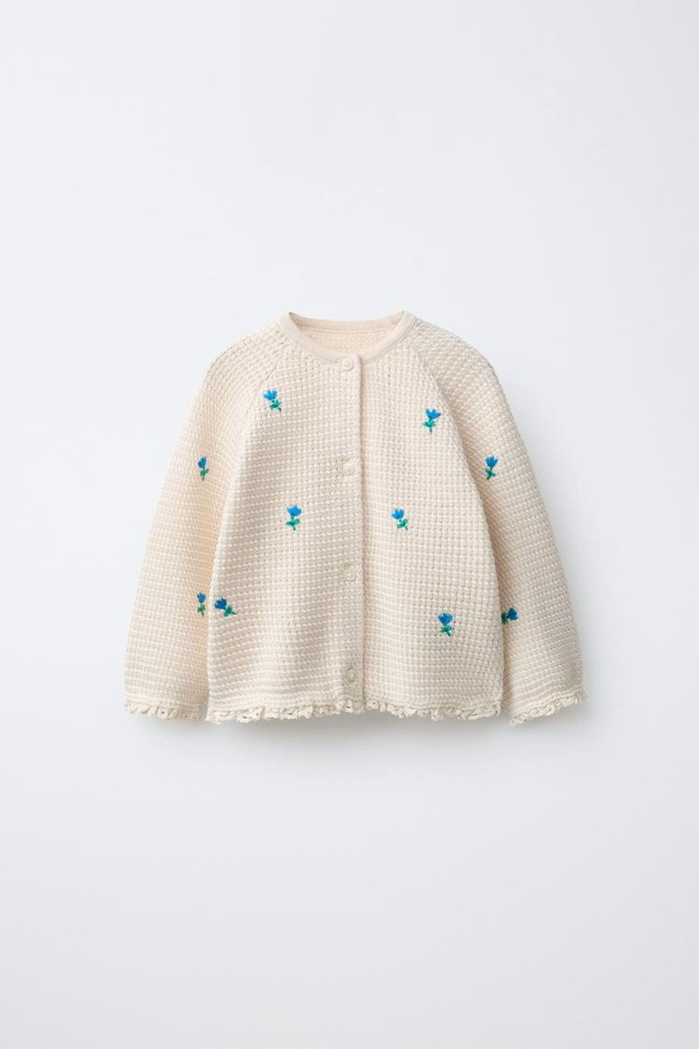 ZARA КАРДИГАН С ВЫШИВКОЙ В ВИДЕ ЦВЕТОВ И КРУЖЕВОМ, ЭКРЮ