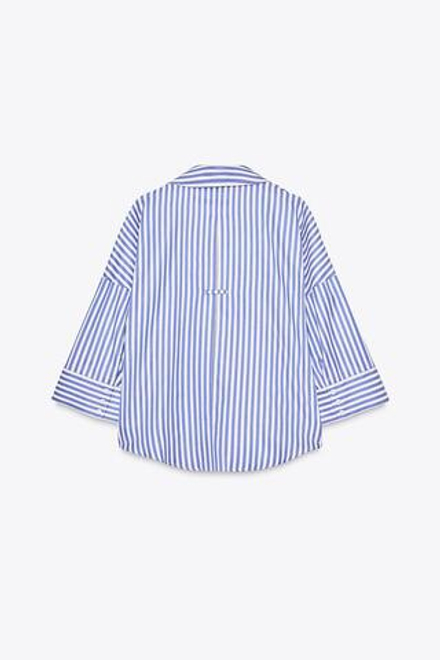 ZARA РУБАШКА ИЗ ПОПЛИНА В ПОЛОСКУ С ШИРОКИМИ РУКАВАМИ, СИНИЙ/БЕЛЫЙ