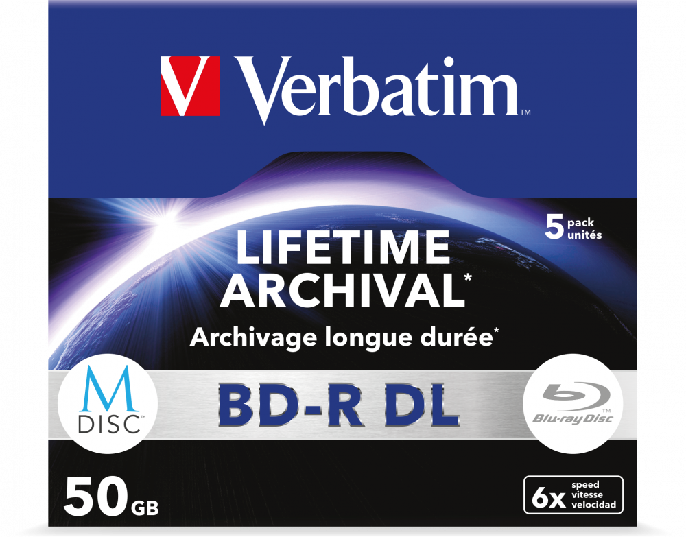 Оптический диск Verbatim BD-R DL 50GB 6X MDISC Lifetime archival, Jewel Case, 5 шт