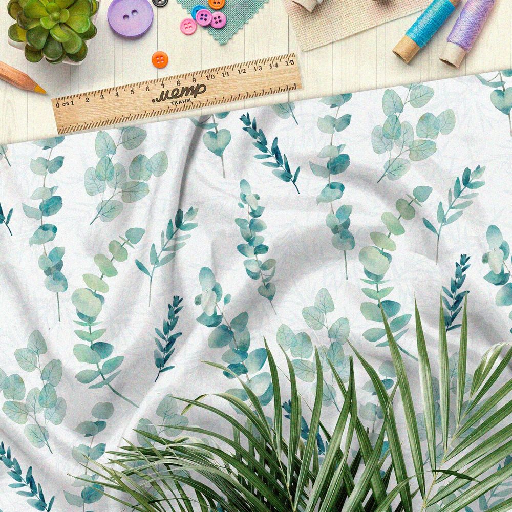 Ткань поплин акварельные листья на бежевом фоне с узором