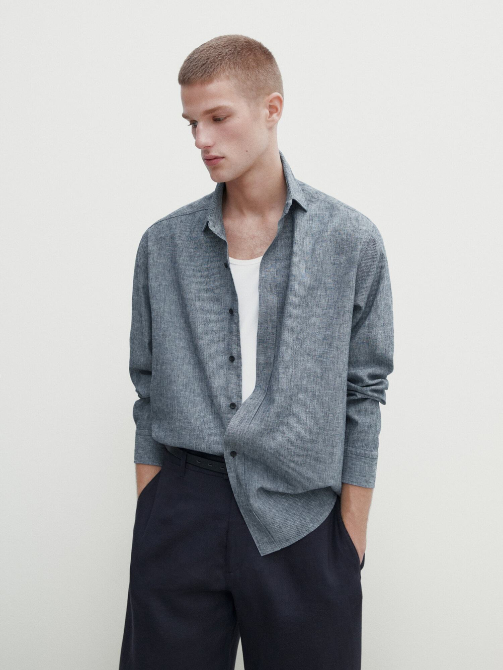 Massimo Dutti Джинсовая рубашка свободного кроя изо льна и хлопка, темно-синий