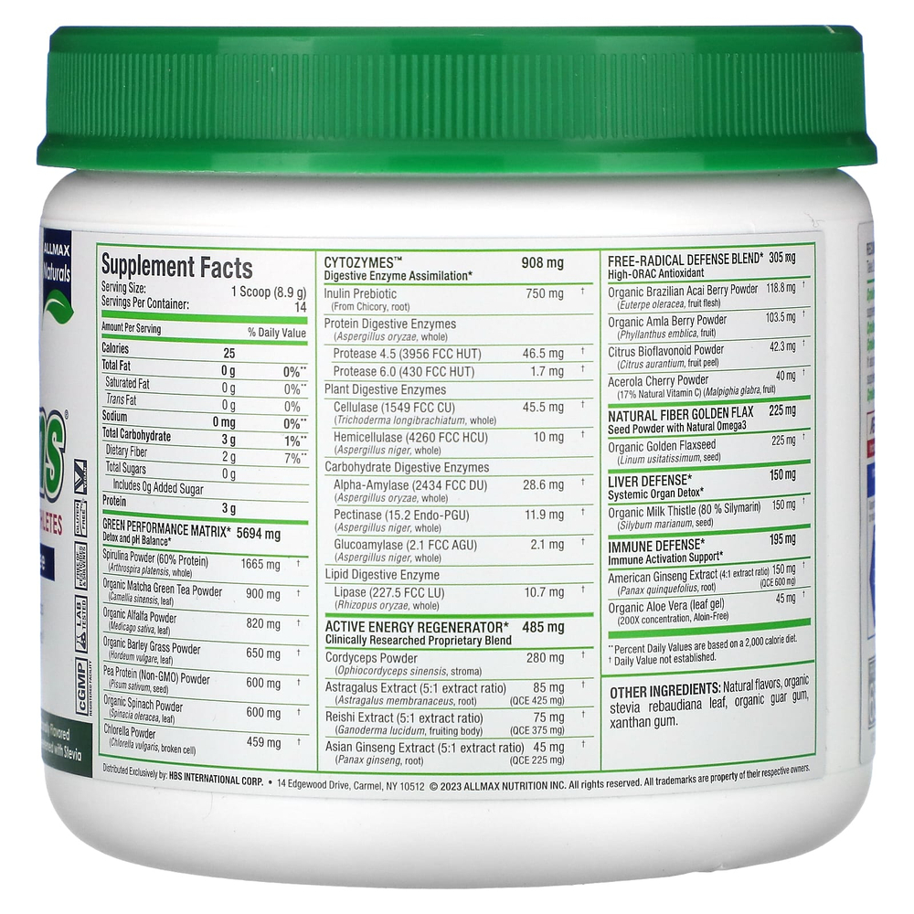 ALLMAX, CytoGreens®, добавка с зелёными суперфудами премиального качества для спортсменов, ягоды асаи и зелёный чай, 125 г (4,4 унции)