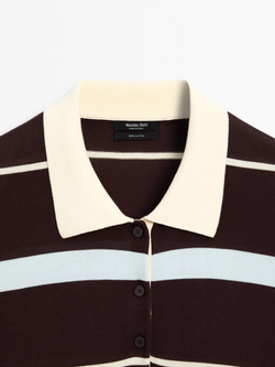Massimo Dutti Свитер в полоску с воротником поло, шоколадный