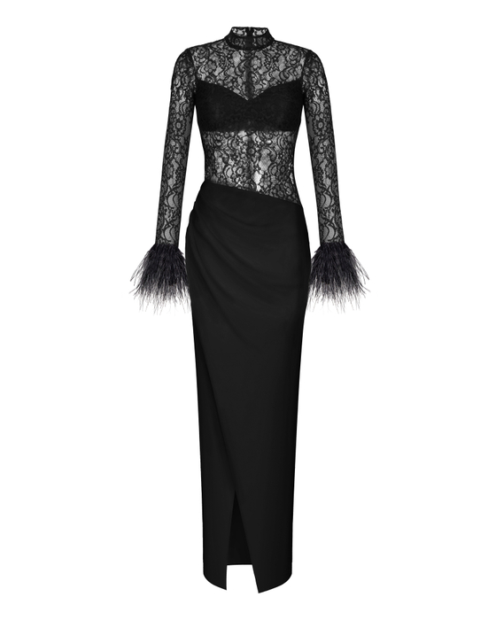 Платье макси из крепа и кружева драпированное с бахромой