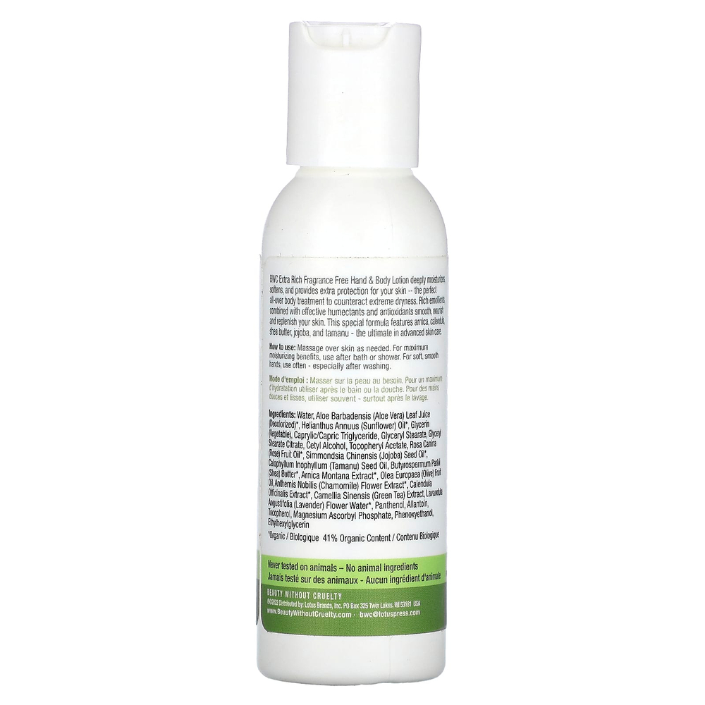 Beauty Without Cruelty, Hand & Body Treatment Lotion, Extra Rich, Fragrance Free, 2 fl oz (59 ml)