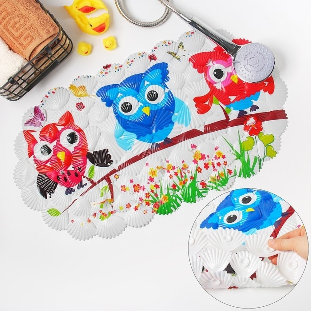 Коврик для ванны 65×37 см "Совы", ракушка 4349385