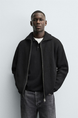 ZARA КАРДИГАН ПЛАТОЧНОЙ ВЯЗКИ С ЗАСТЕЖКОЙ-МОЛНИЕЙ, ЧЕРНЫЙ