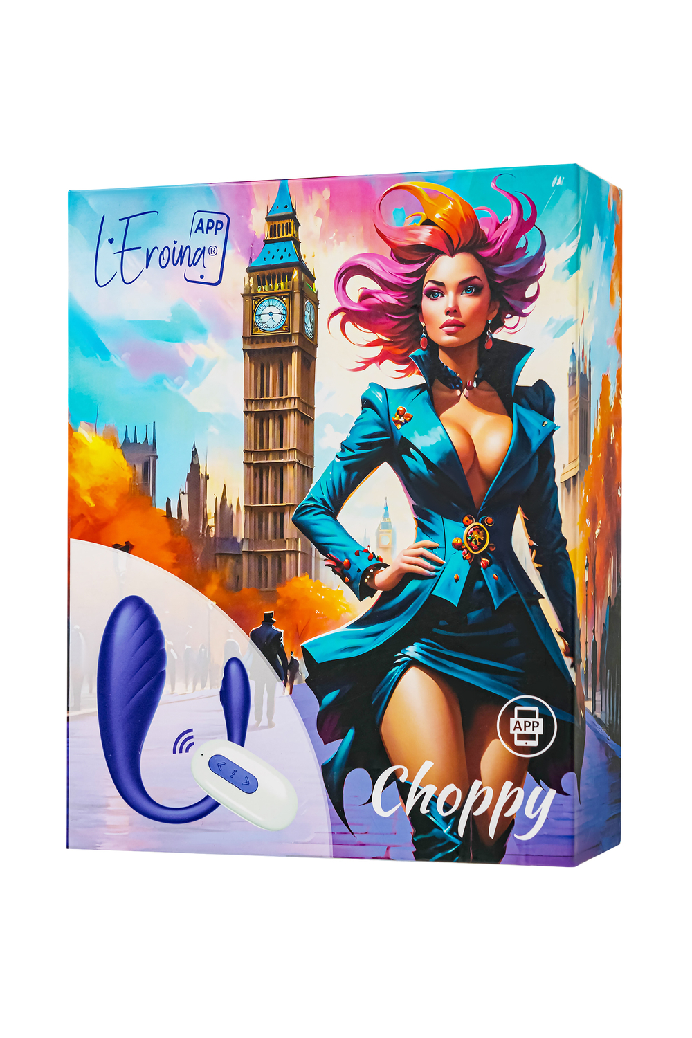 Виброяйцо L'Eroina APP CHOPPY с управлением от приложения и пульта силикон, синий, 21 см