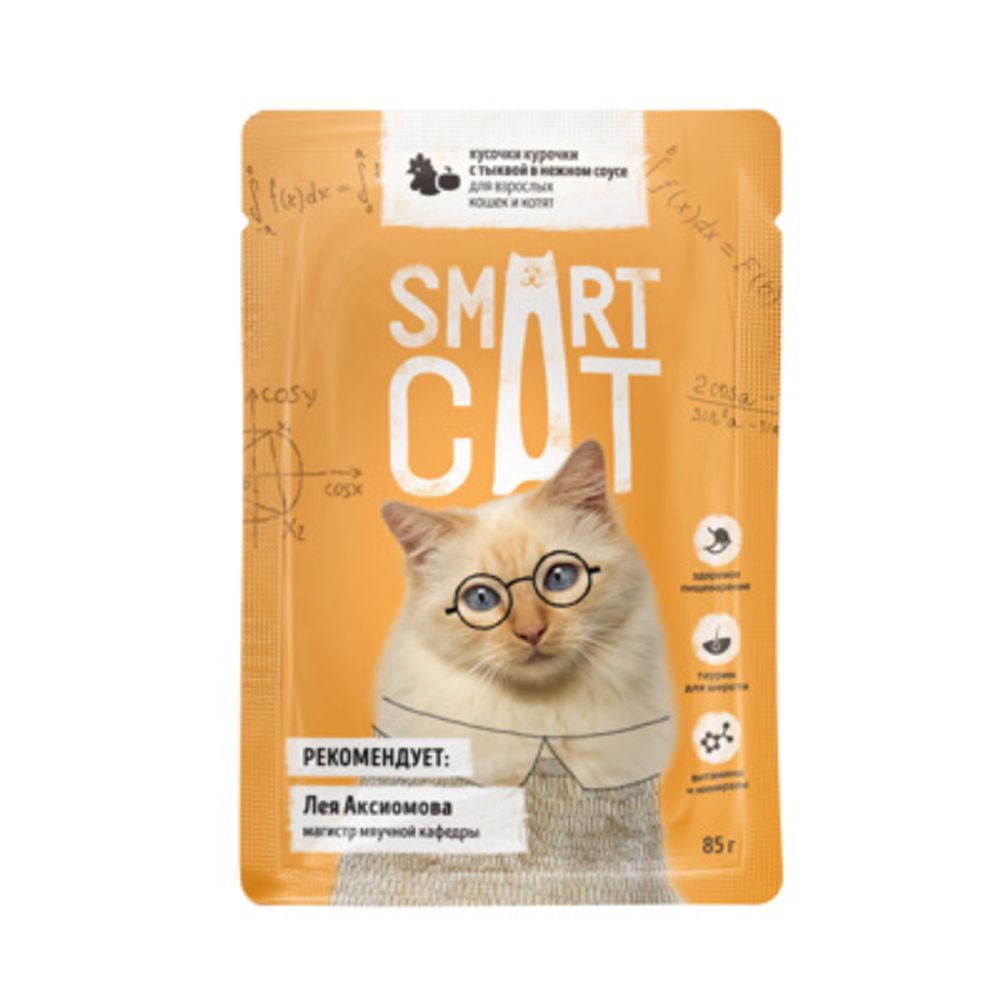 Smart Cat 85г пауч Влажный корм для взрослых кошек и котят Курочка и тыква (соус)