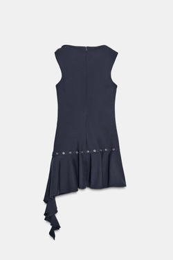 ZARA КОРОТКОЕ АСИММЕТРИЧНОЕ ПЛАТЬЕ С ЗАКЛЕПКАМИ, МОРСКОЙ СИНИЙ