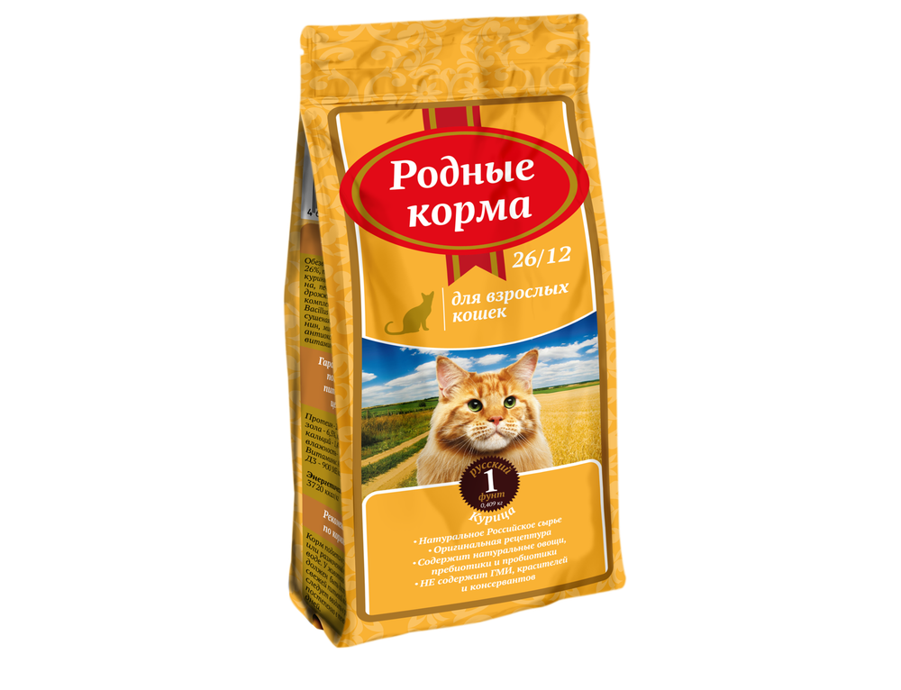 Сухой корм РОДНЫЕ КОРМА для взрослых кошек курица 26/12 409 г