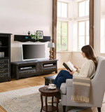 Тумба под телевизор 180х49х56, Эден, в премиальном исполнении, под ТВ, массив сосны, цвет состаренный черный, MAKOSA