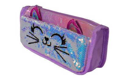 Пенал "Киски" 21*6*8,5см, 2 отд., пайетки, ушки, 3 вида микс