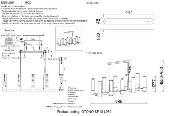 Подвесная люстра Crystal Lux OTONO SP10 L980 BLACK CHROMIUM/TRANSPARENTE