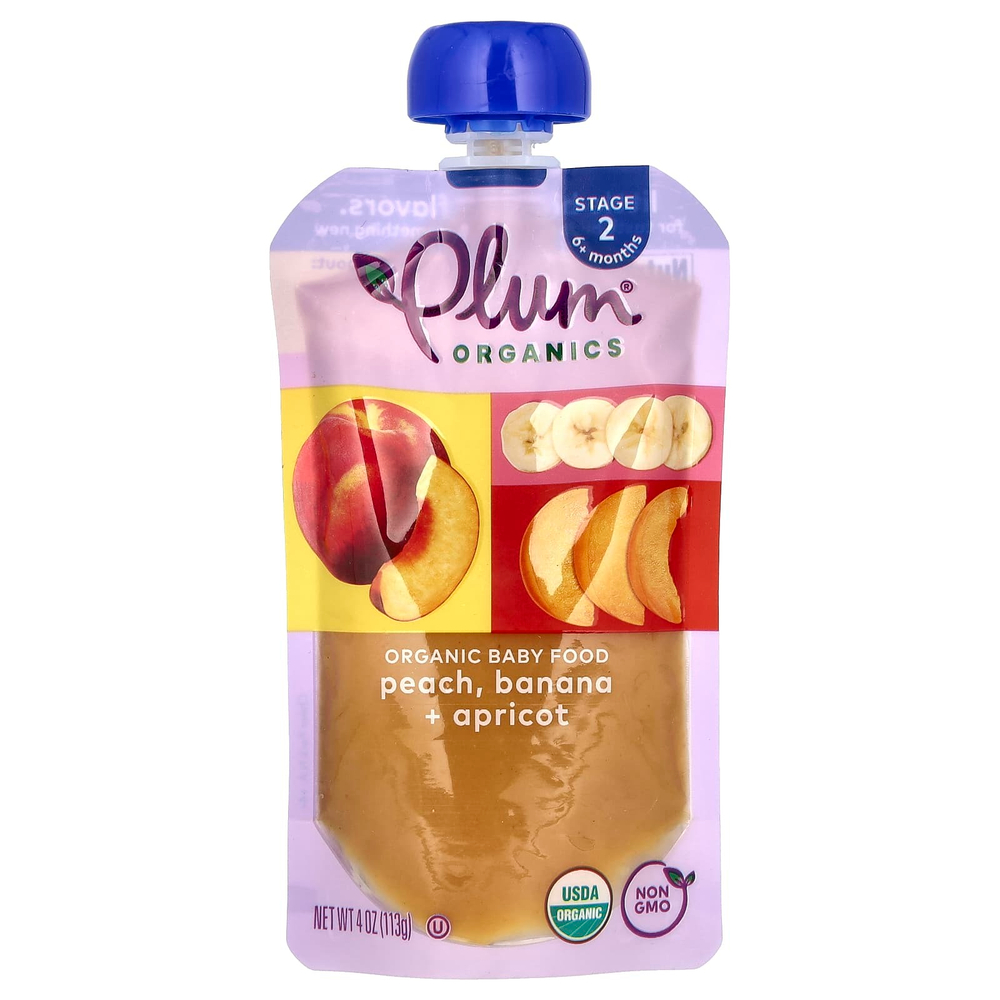 Plum Organics, Органическое детское питание, этап 2, персик, банан и абрикос, 4 унции (113 г)