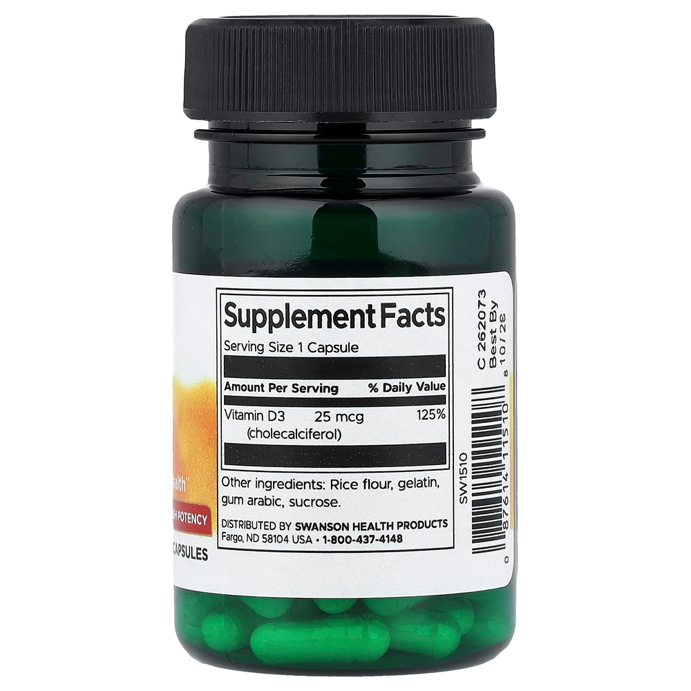 Swanson, витамин D3, высокоактивный, 25 мкг (1000 МЕ), 60 капсул