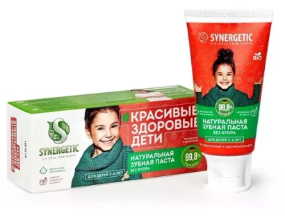 Детская зубная паста SYNERGETIC клубничка и банан, от 3 до 6 лет, 50 г