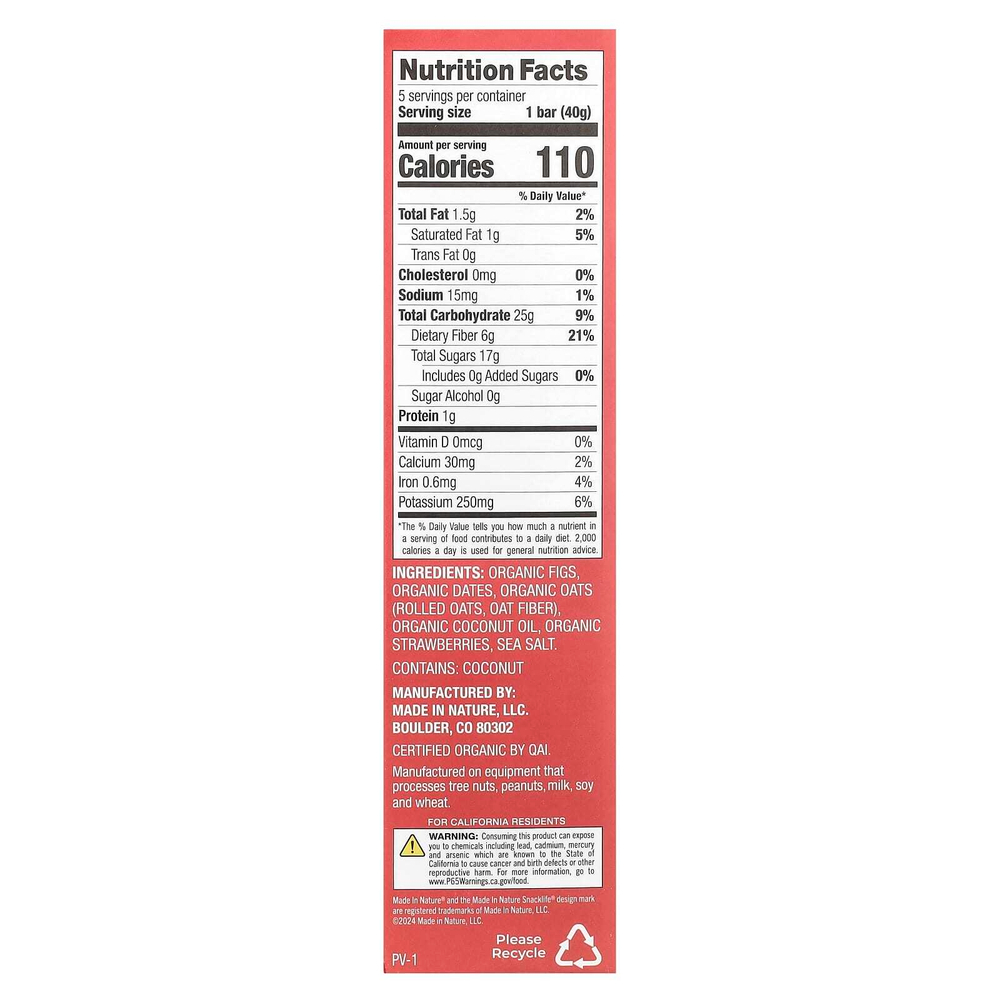 Made in Nature, Fig 'N' Oats®, клубника, 5 батончиков в индивидуальной упаковке, 40 г (1,4 унции) каждый