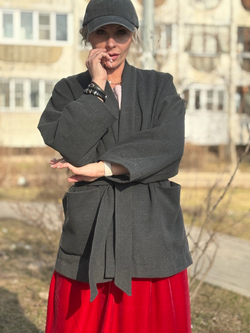 Кимоно - пальто на подкладке / серый