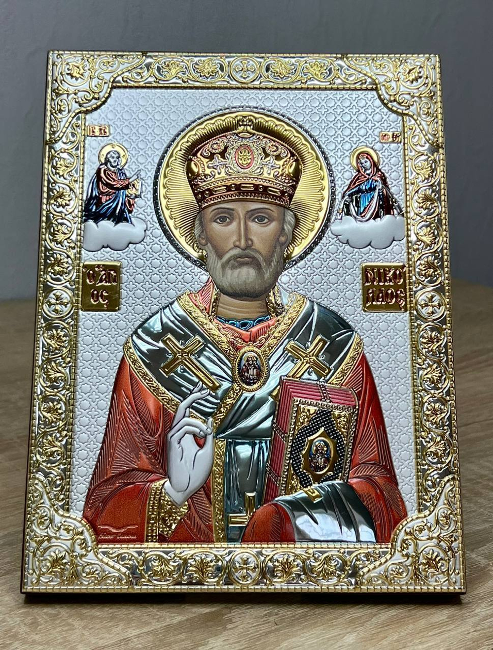 Николай Чудотворец, икона прямоугольная без рамки, красное дерево, эмаль 150х200