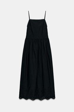 ZARA ПЛАТЬЕ МИДИ С АЖУРНОЙ ВЫШИВКОЙ, ЧЕРНЫЙ