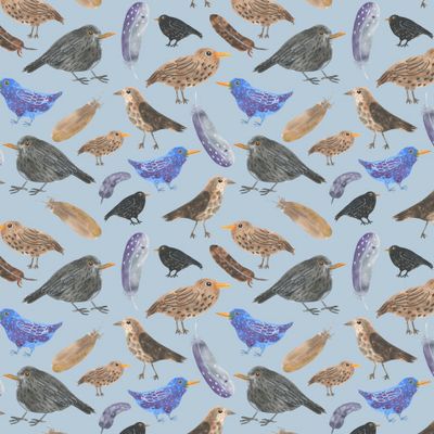 Дрозды и перья мелкий синий паттерн от Rita Kruglova
