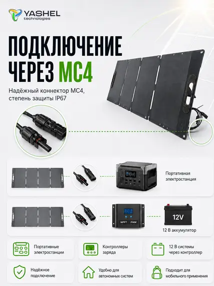 Туристическая солнечная панель YASHEL 100 Ватт MC4