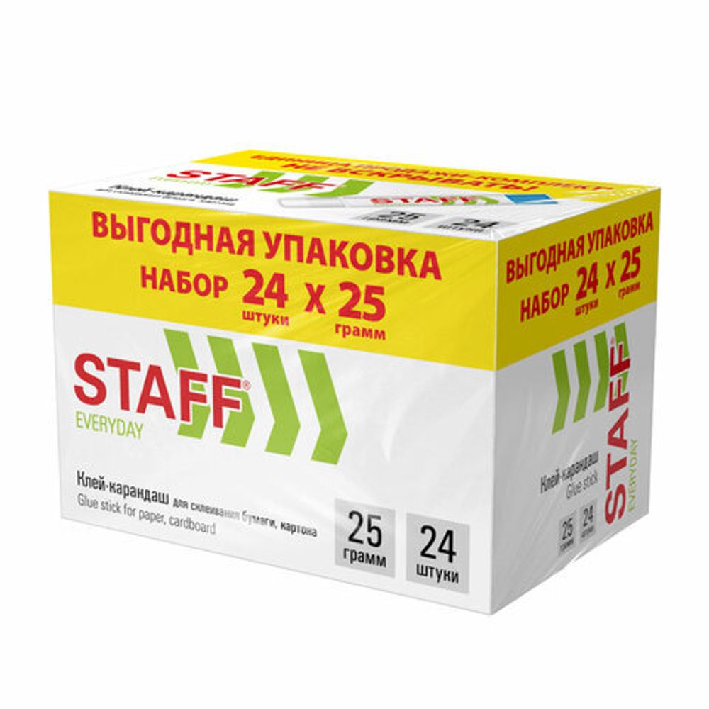 Клей-карандаш 25 г, ВЫГОДНАЯ УПАКОВКА, КОМПЛЕКТ 24 ШТУКИ, STAFF EVERYDAY, 273018